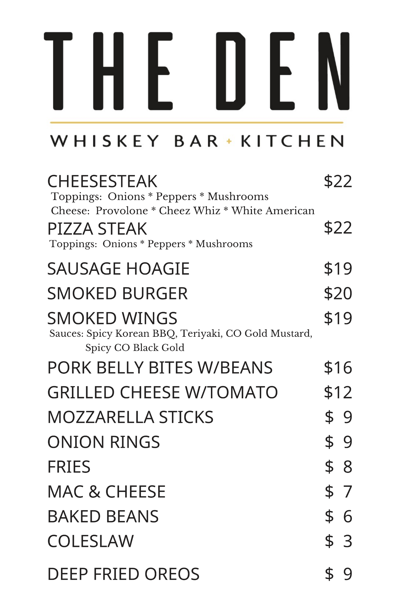 The Den food menu